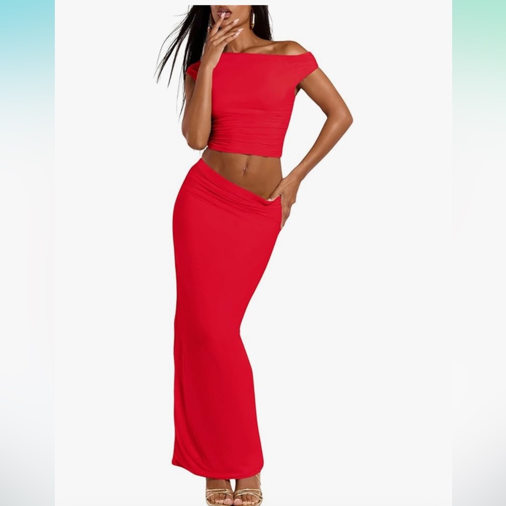 Women's  2 Piece Outfits Mesh One Off Shoulder Ruched Crop Top and Maxi Skirt